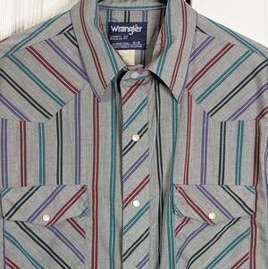 Vintage Wrangler Cowboy Cut Grey Stripe Western Pearl Snap Shirt